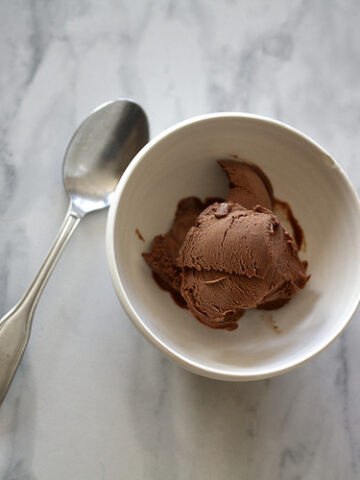 A bowl of chocolate peanut butter ice cream made with coconut milk.