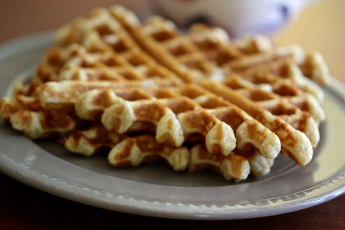 Two whole wheat waffles rest on a plate.