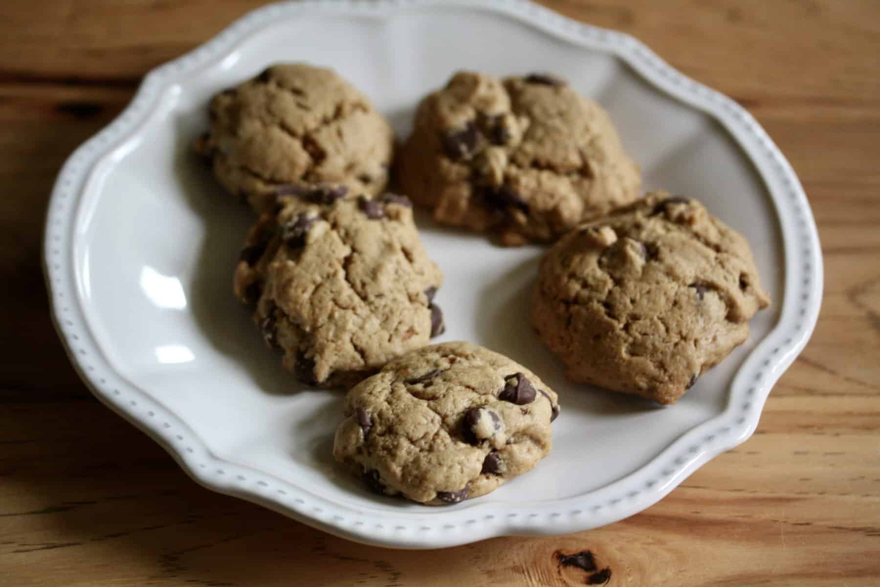 A plate of gluten-free tahini chocolate chip cookies.