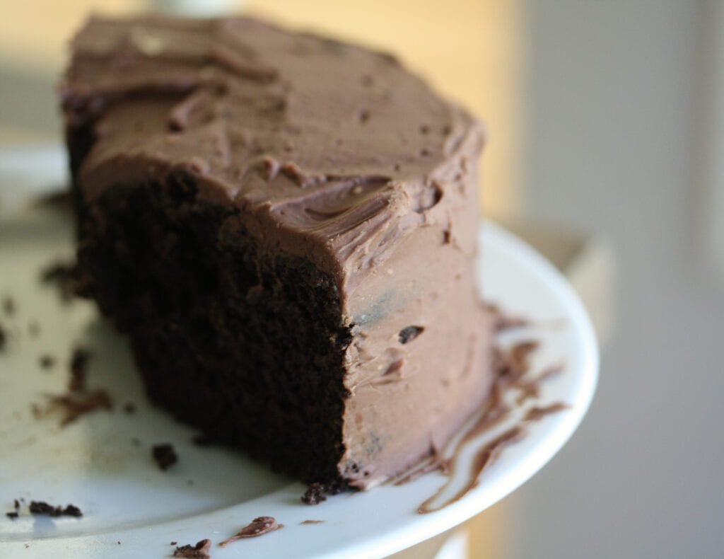 A gluten free chocolate cake is shown on a white plate.