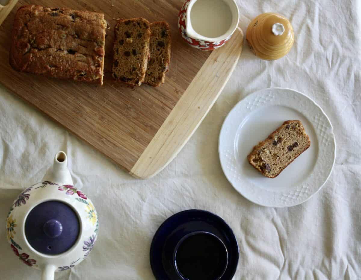 Gluten-free barmbrack loaf and a cup of tea.