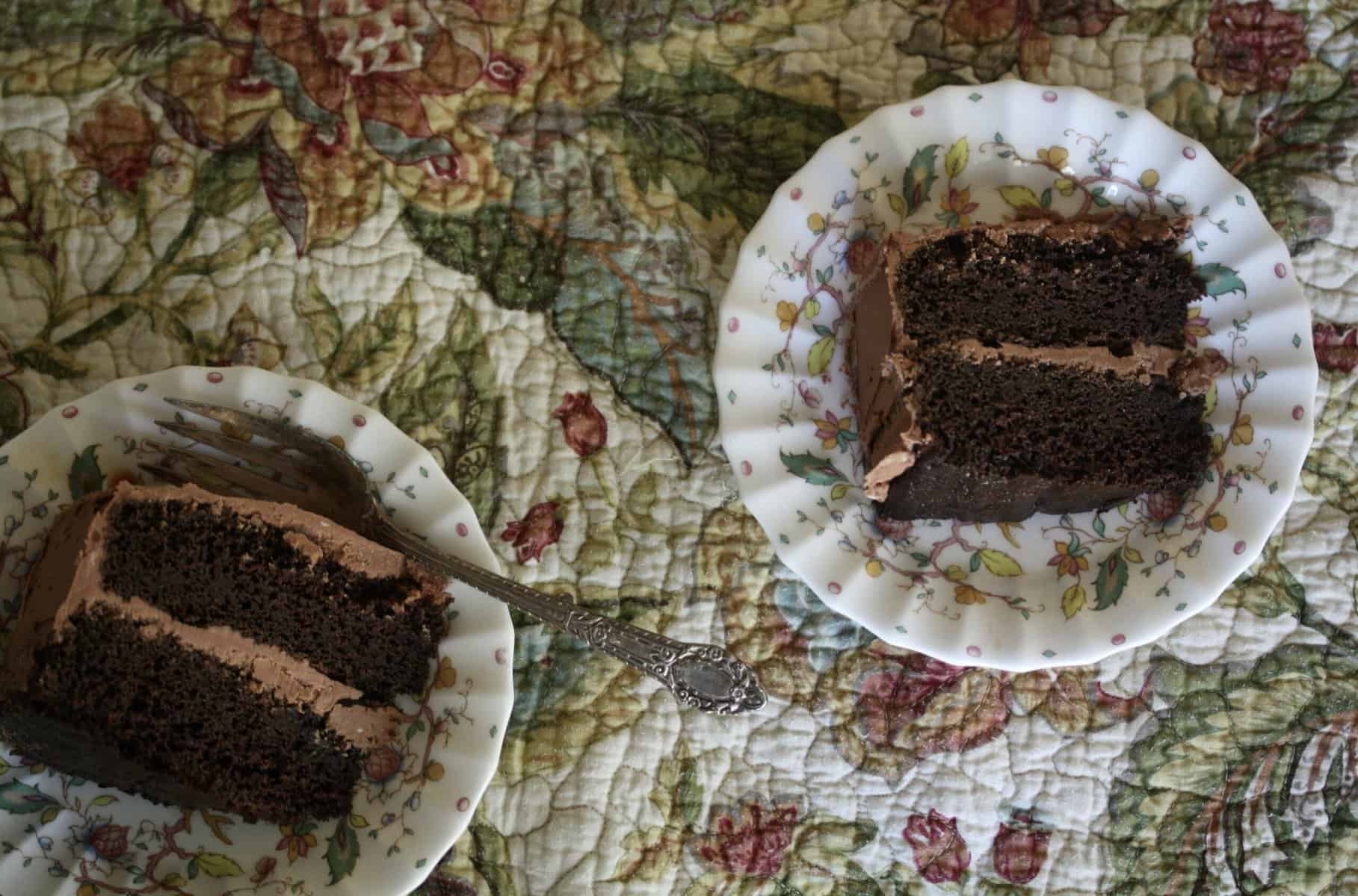 Slices of gluten-free chocolate layer cake.