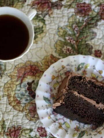 Gluten-free chocolate layer cake and coffee.