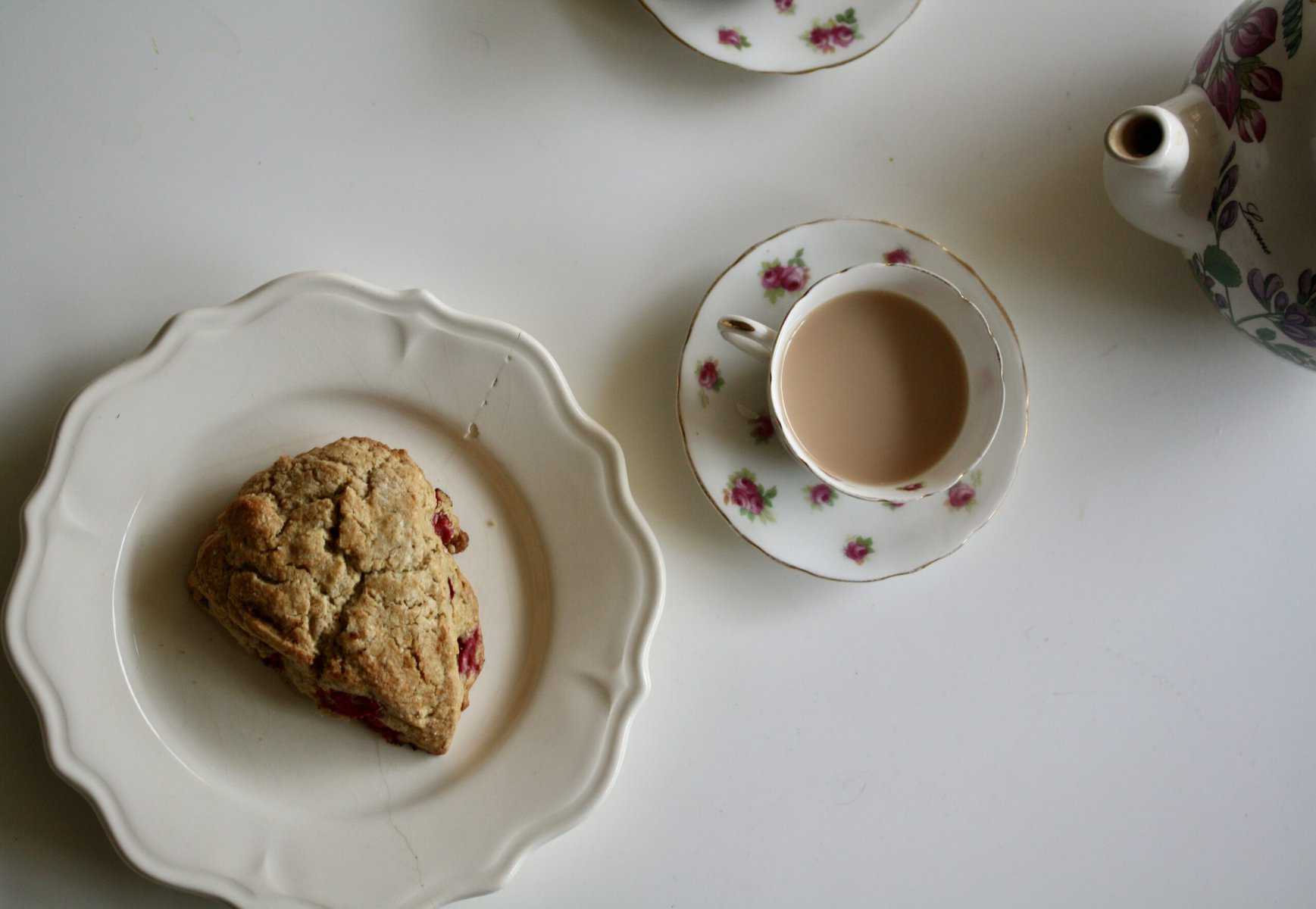A cranberry scone on a plate, with a cup of tea to its right.