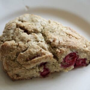 A cranberry scone on a plate.