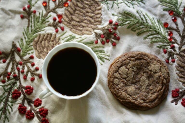 Gluten-free chewy molasses cookies and a cup of coffee.