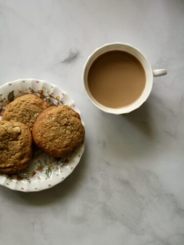 Oat flour chocolate chip cookies and a cup of tea
