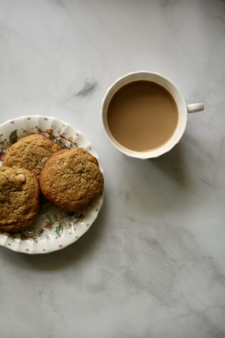 Oat flour chocolate chip cookies and a cup of tea