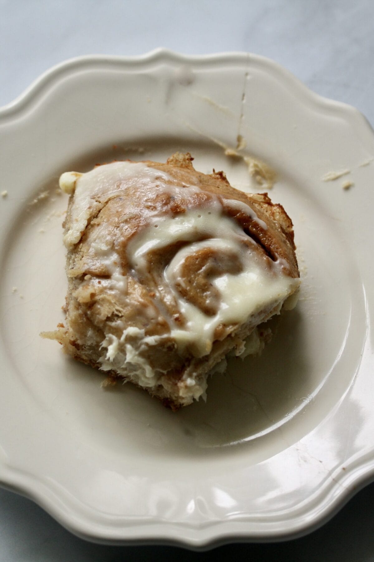 A close-up of an oat flour cinnamon roll.