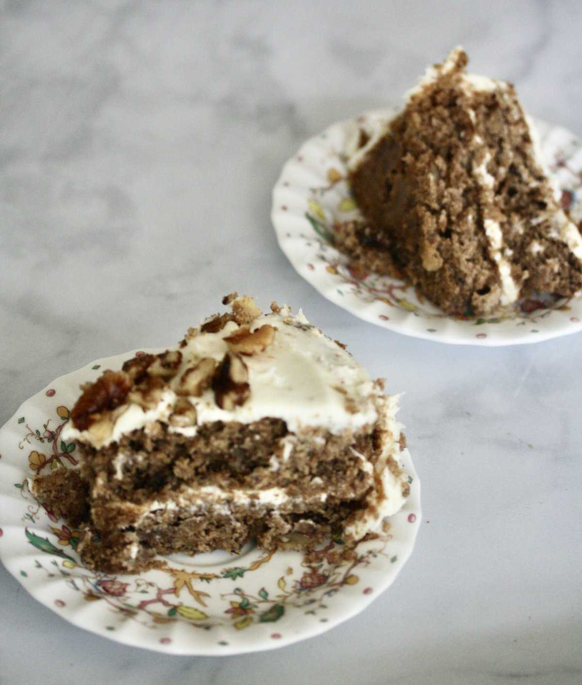 Slices of gluten-free hummingbird cake on a plate.