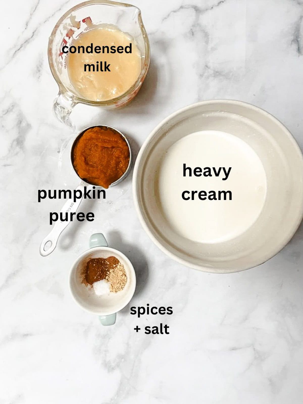 Labeled ingredients for no churn pumpkin ice cream.