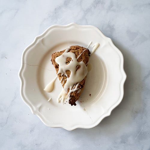 A gluten free pumpkin scone on a white plate.