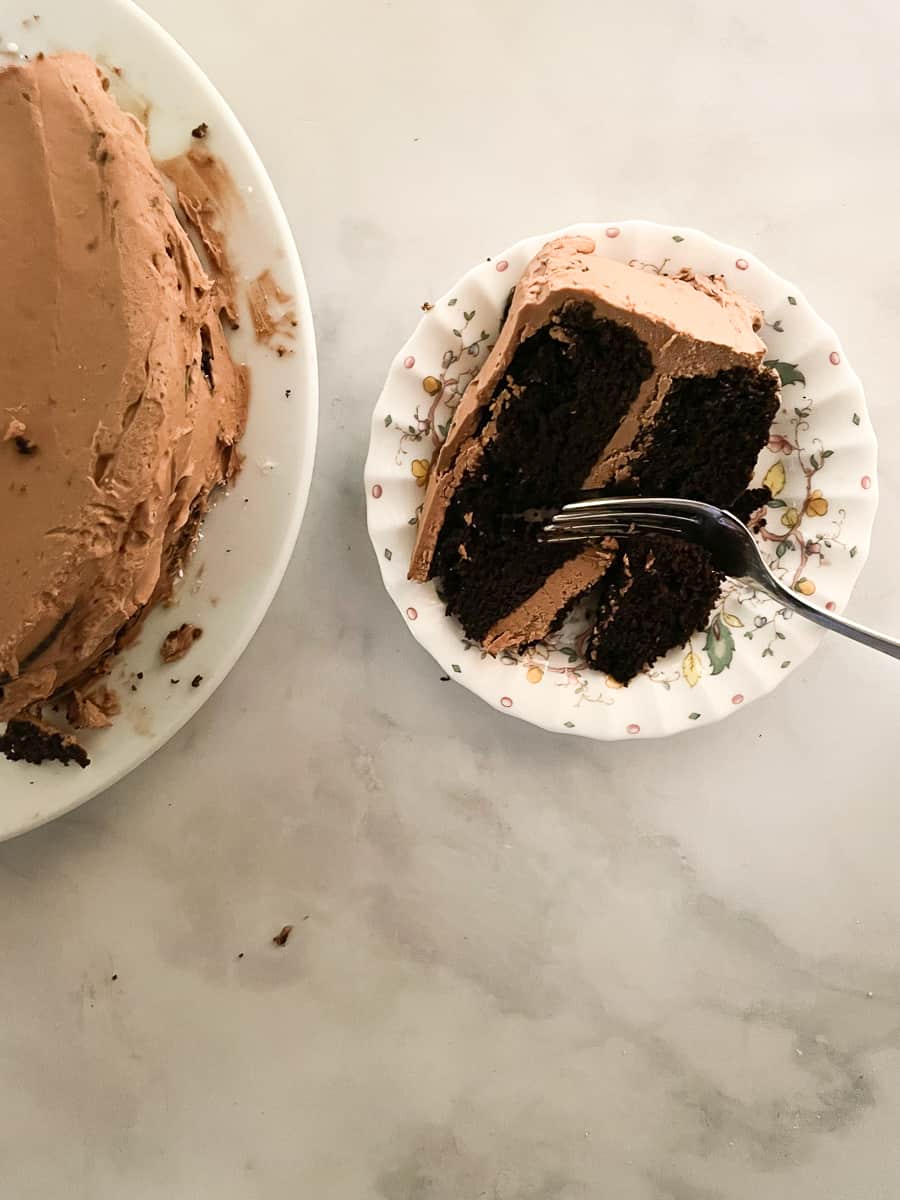 A side view of a gluten free chocolate layer cake with a piece of cake on a plate with a fork to its right.