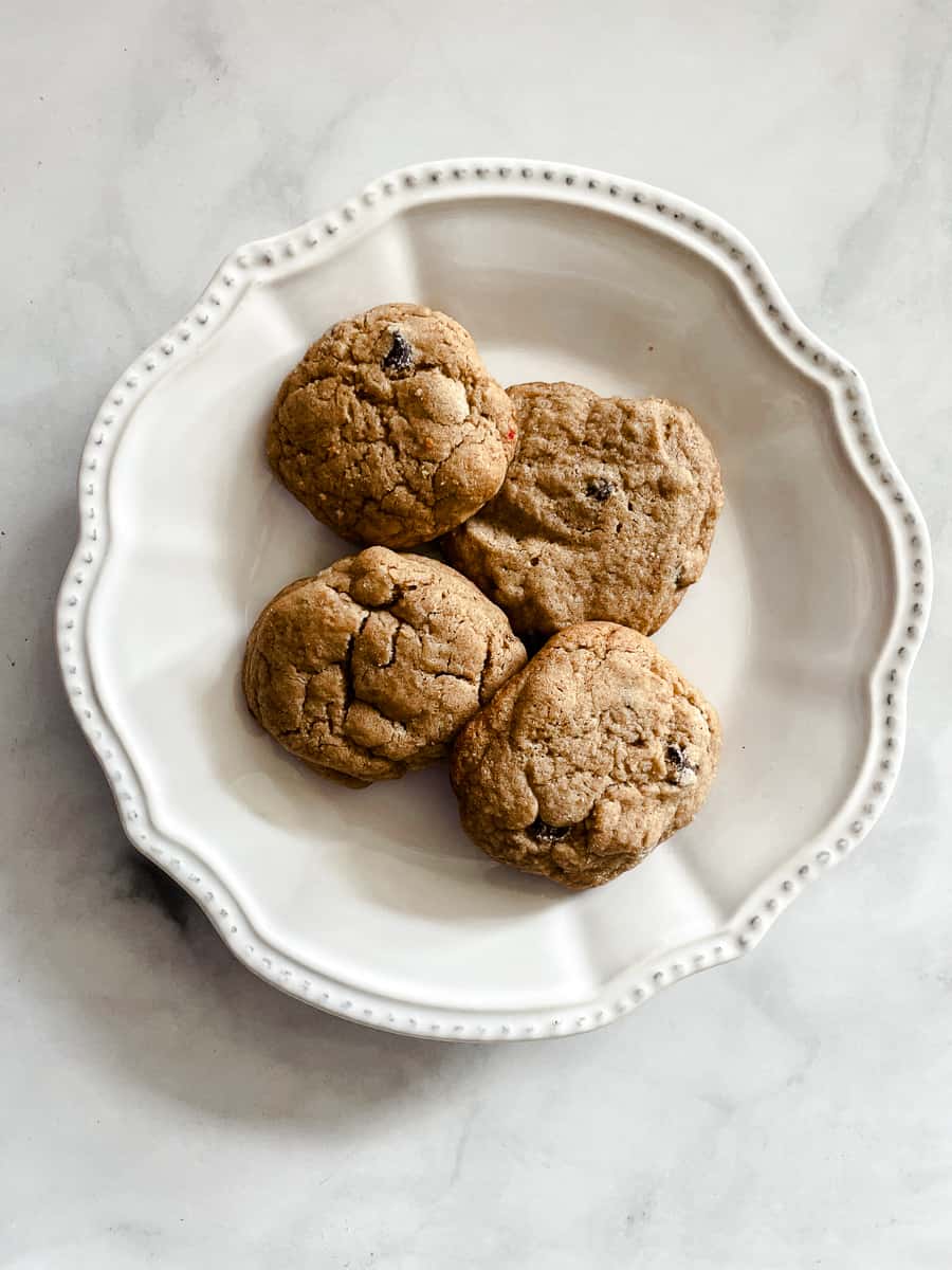 A plate of whole wheat chocolate chip cookies.