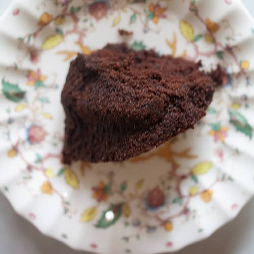 A slice of vegan chocolate bundt cake.