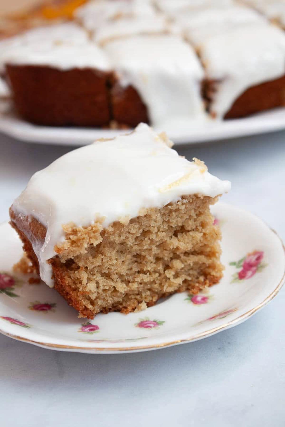 A close up side view of a piece of oat flour cake.