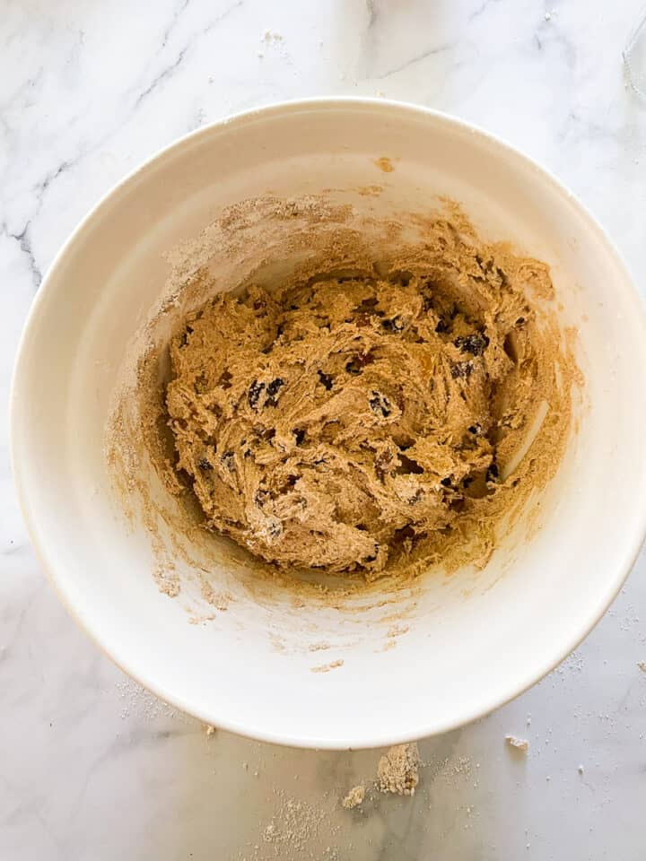A shot of the sticky barm brack dough mixed with raisins.