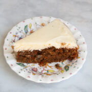 A side view of a piece of gluten free carrot cake.