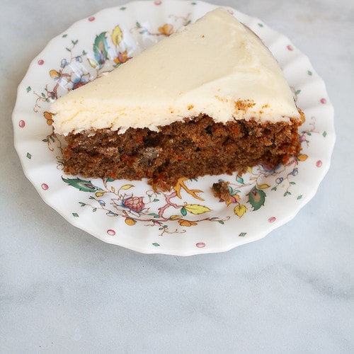 A side view of a piece of gluten free carrot cake.
