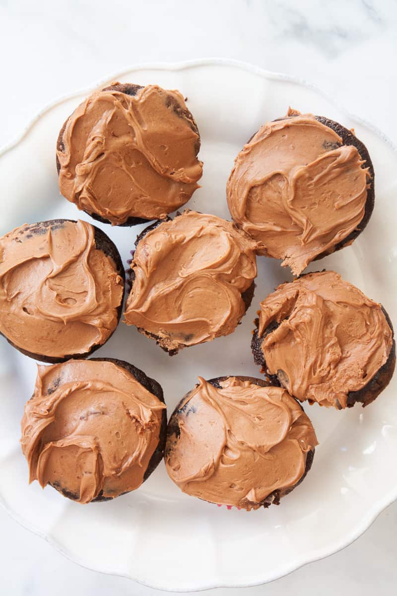 A close up of seven gluten free chocolate cupcakes on a plate.