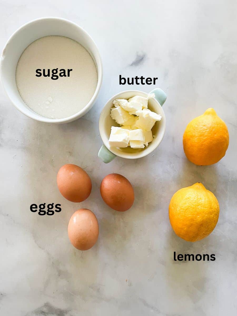 Ingredients for lemon curd are shown labelled: lemons, sugar, eggs, butter.