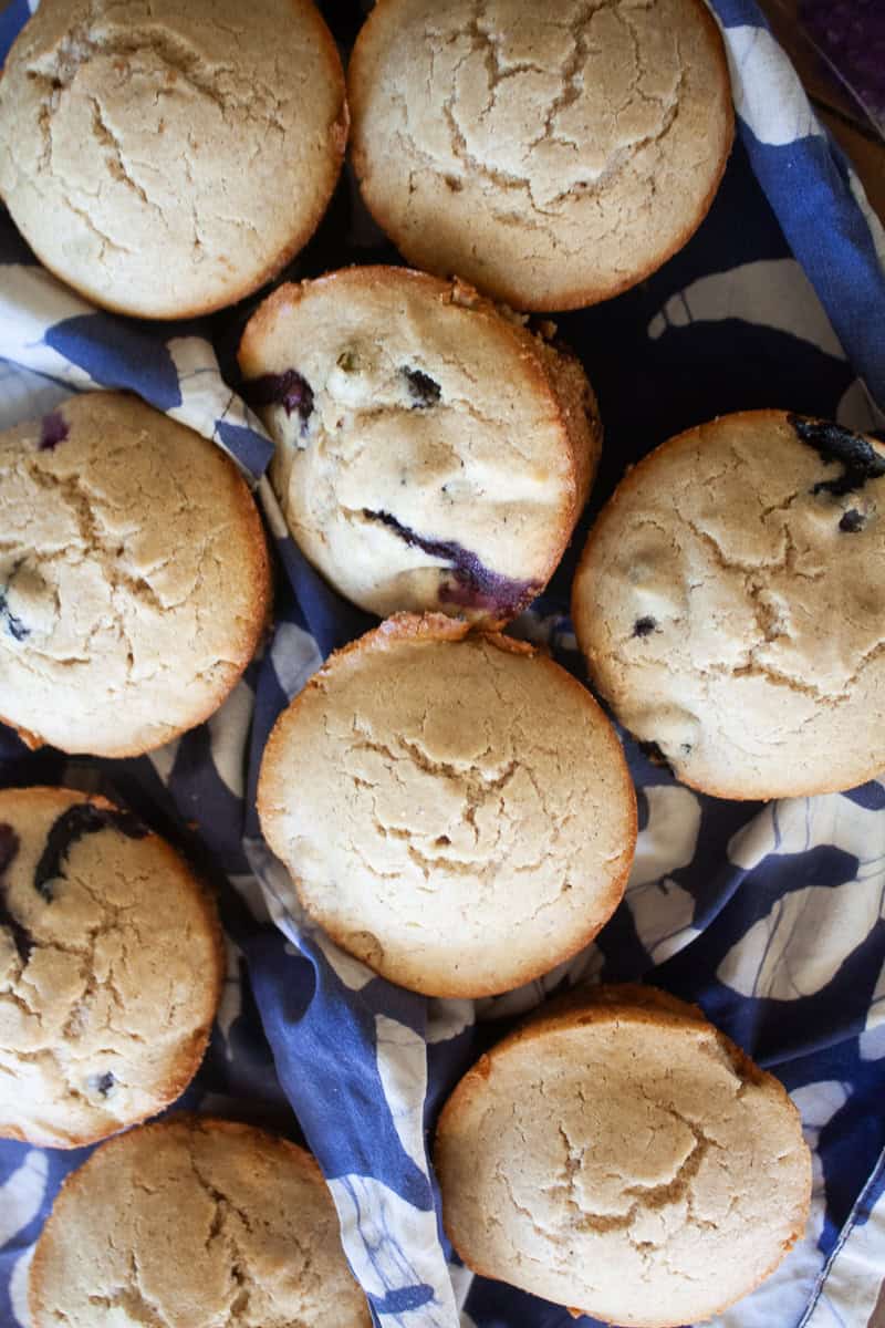 Oat flour blueberry muffins are scattered on a blue and white napkin.