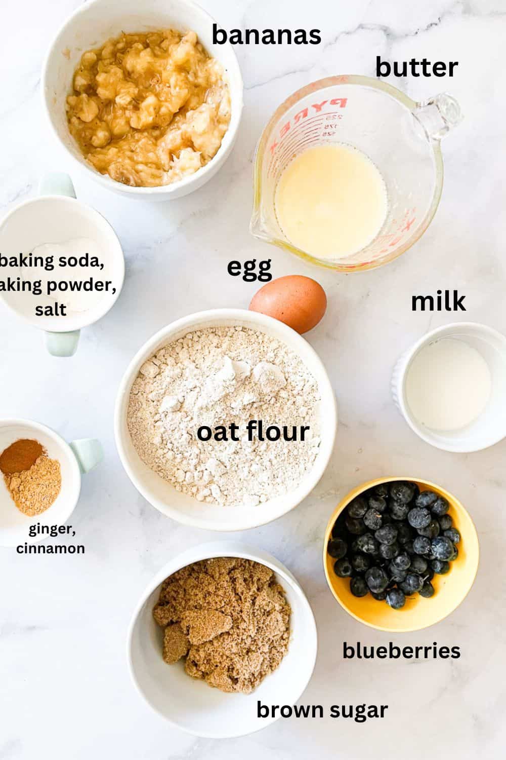 Ingredients for banana blueberry muffins are labeled and portioned: oat flour, bananas, milk, butter, baking powder, baking soda, ginger, cinnamon, salt, blueberries, egg, brown sugar, bananas.