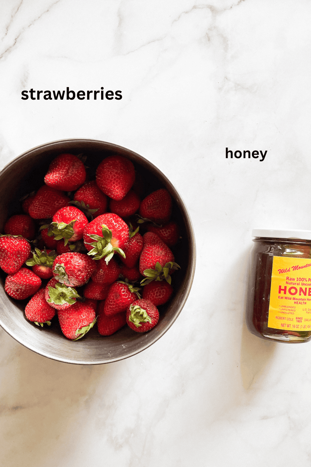 Ingredients for strawberry honey jam include strawberries and honey.