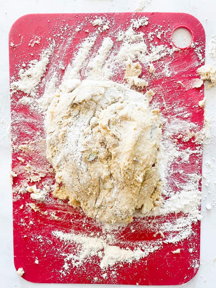 The dough is kneaded together.
