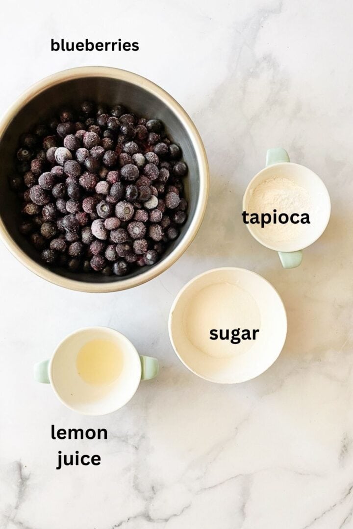 Blueberry crisp filling ingredients - blueberries, sugar, tapioca, lemon juice.