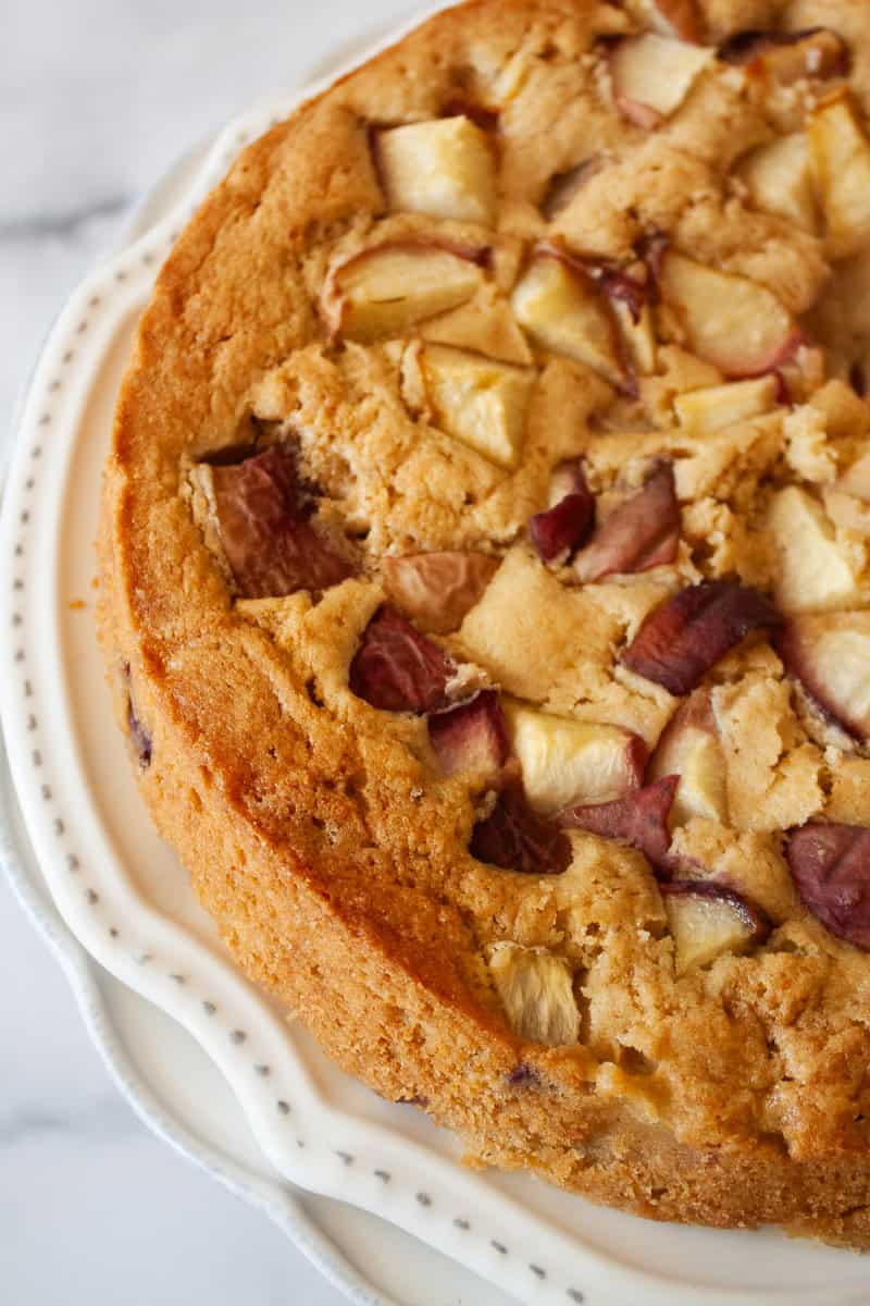 A side view of a gluten free peach cake.