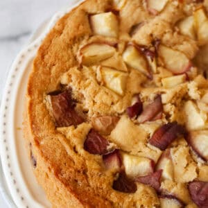 A side view of a gluten free peach cake.