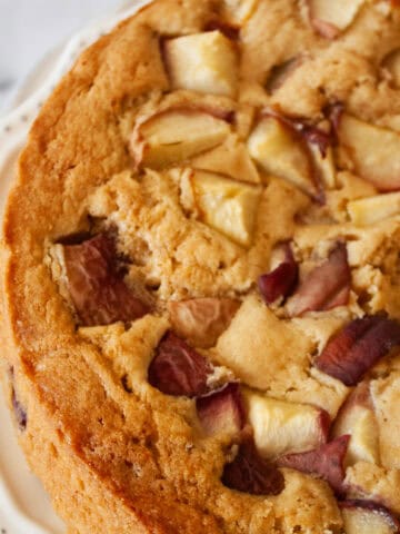 A side view of a gluten free peach cake.