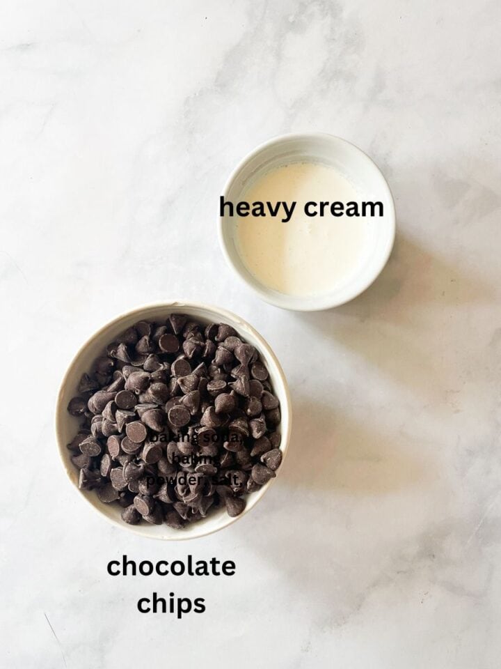 Ingredients for chocolate ganache: heavy cream and chocolate chips.