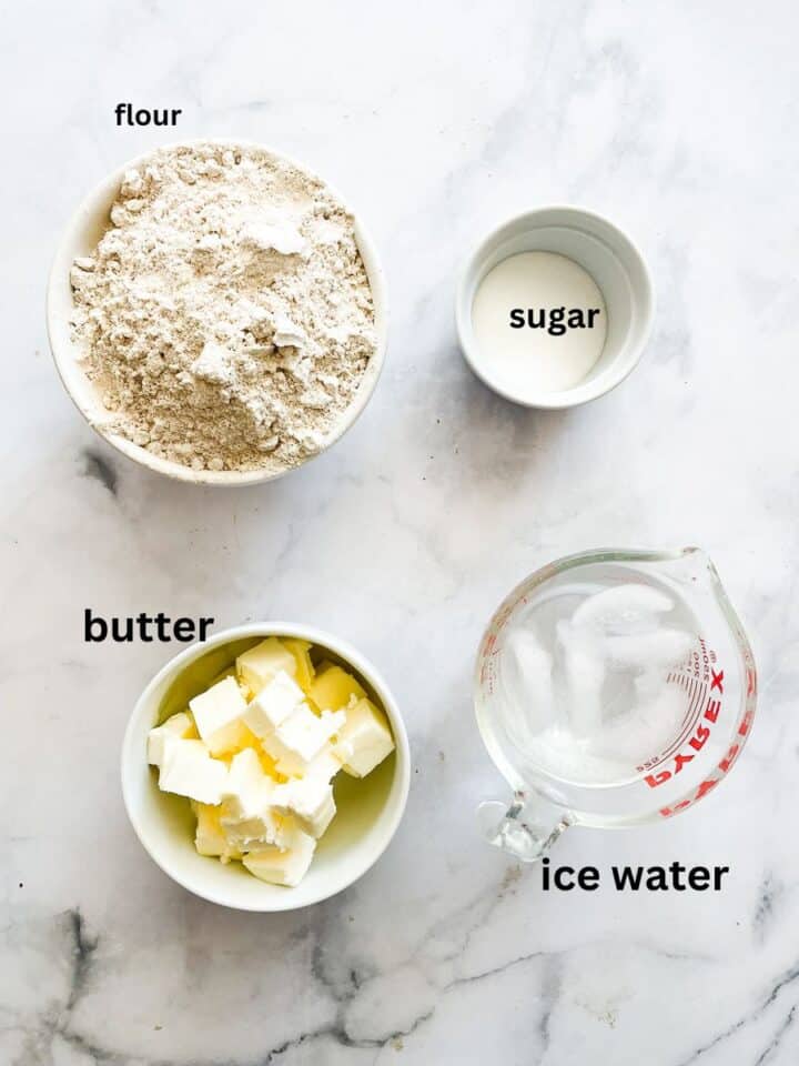 Pie crust ingredients labelled: flour, butter, ice water, sugar, salt.