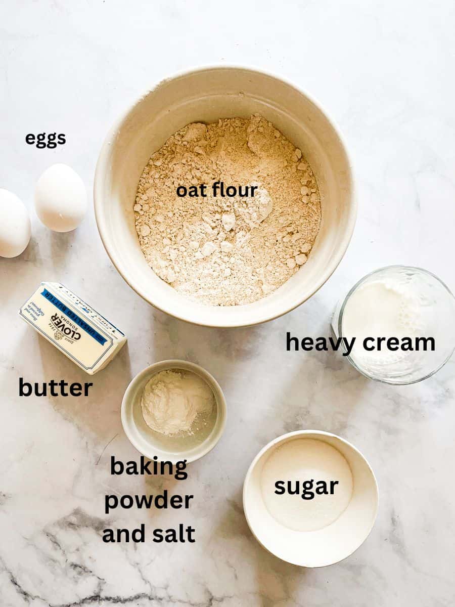 Ingredients for oat flour scones: Oat flour, baking powder, salt, heavy cream, butter, eggs.