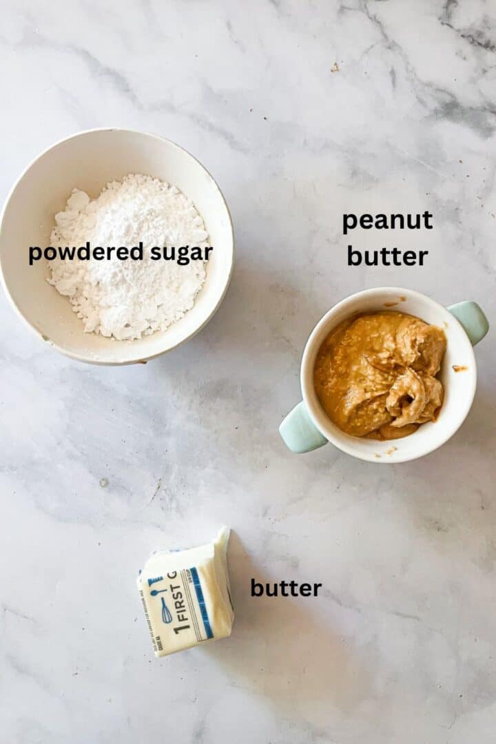 Ingredients for peanut butter frosting are labeled: peanut butter, butter, powdered sugar.