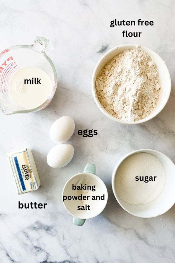 Ingredients for strawberry shortcake cake: gluten free flour, sugar, eggs, milk, baking powder, salt, butter.