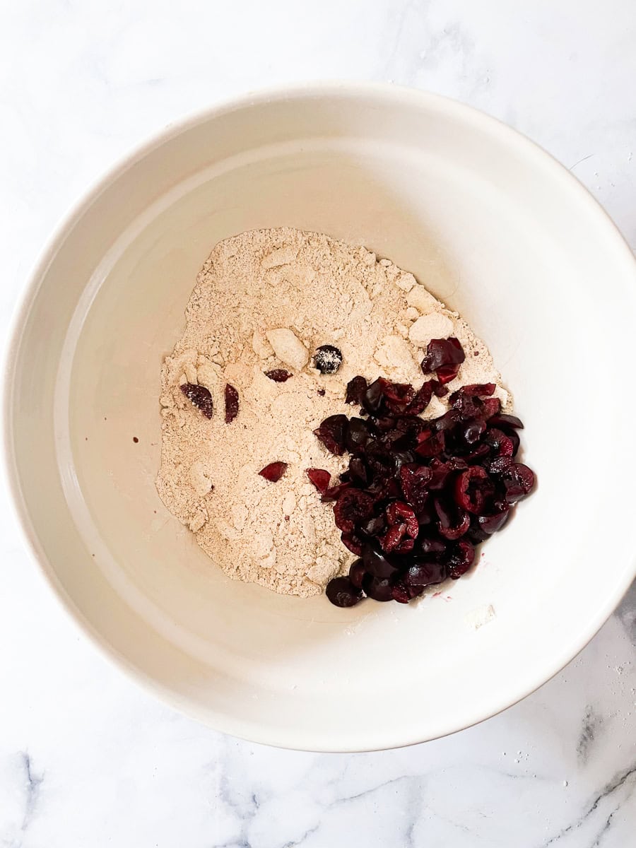 Cherries are added to the dry mix for scones.