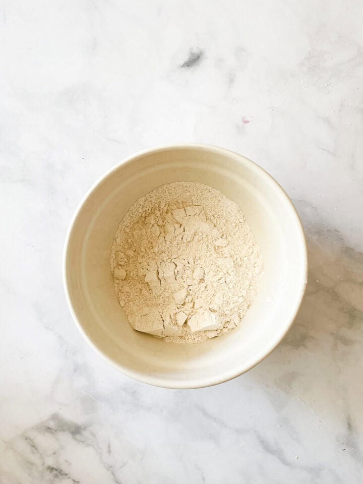 The dry mix for strawberry shortcake cake in a bowl.