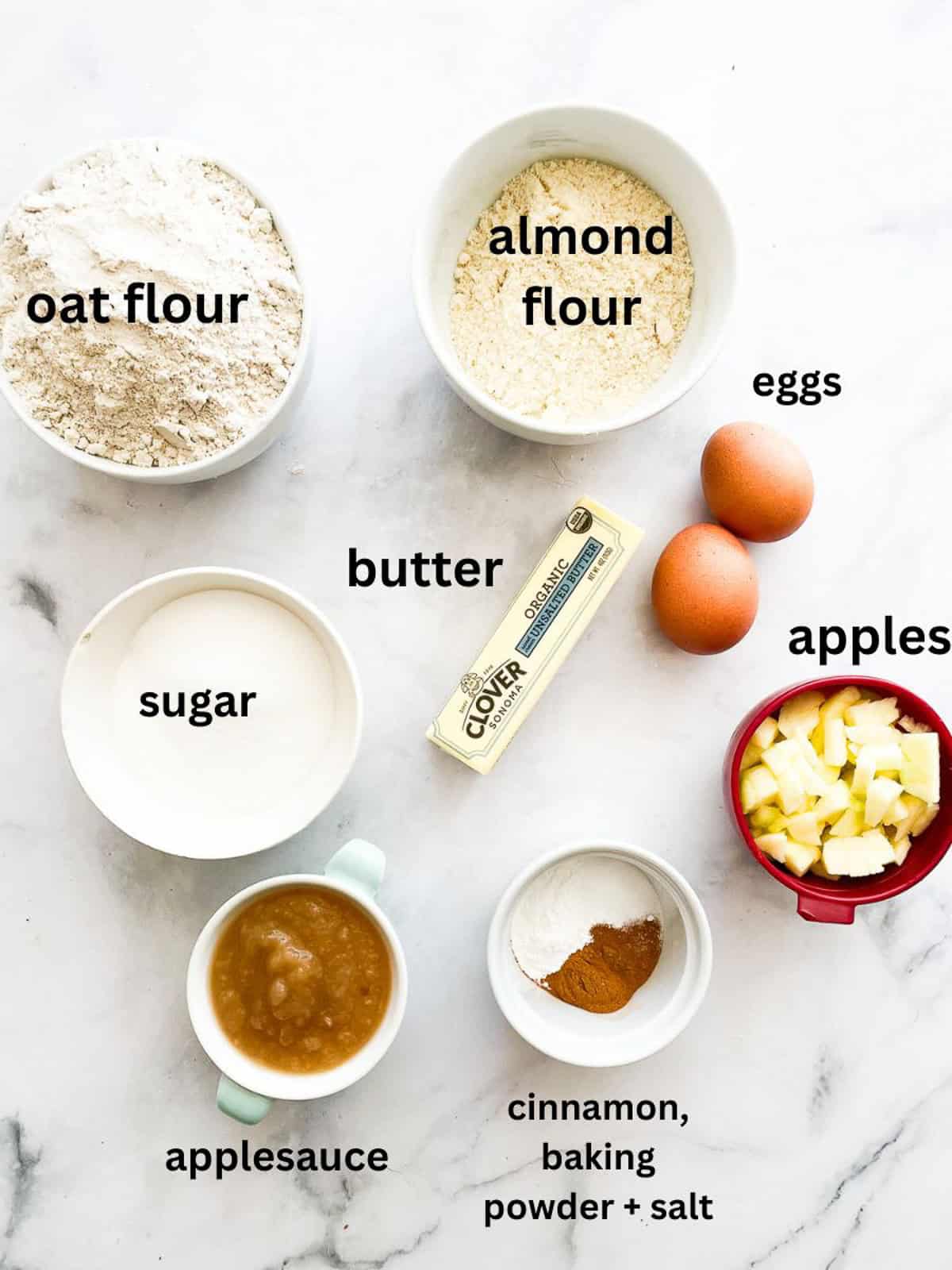 Ingredients for apple scones are portioned and labeled.