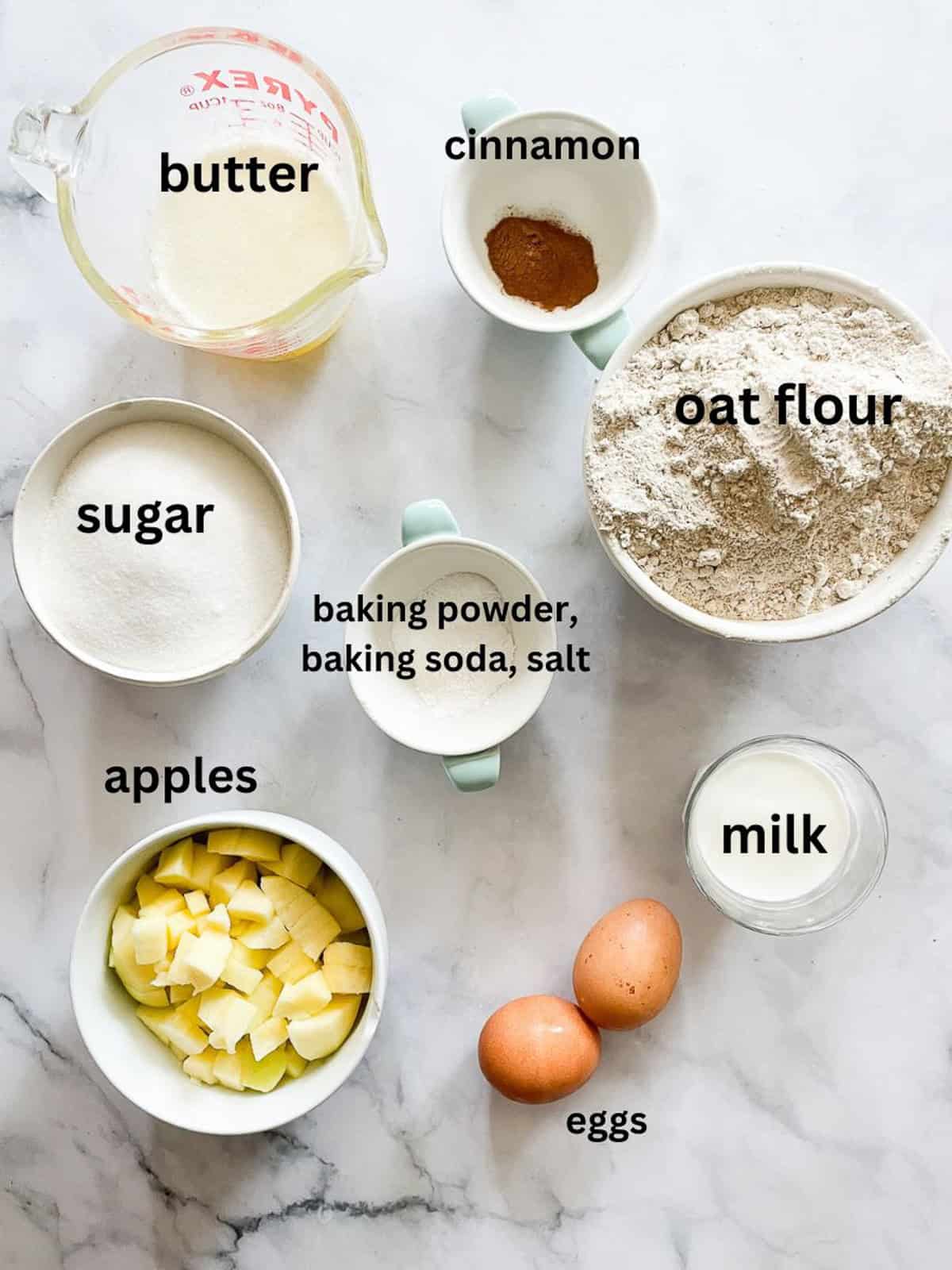 Ingredients for gluten free apple cinnamon bread portioned out and labeled.