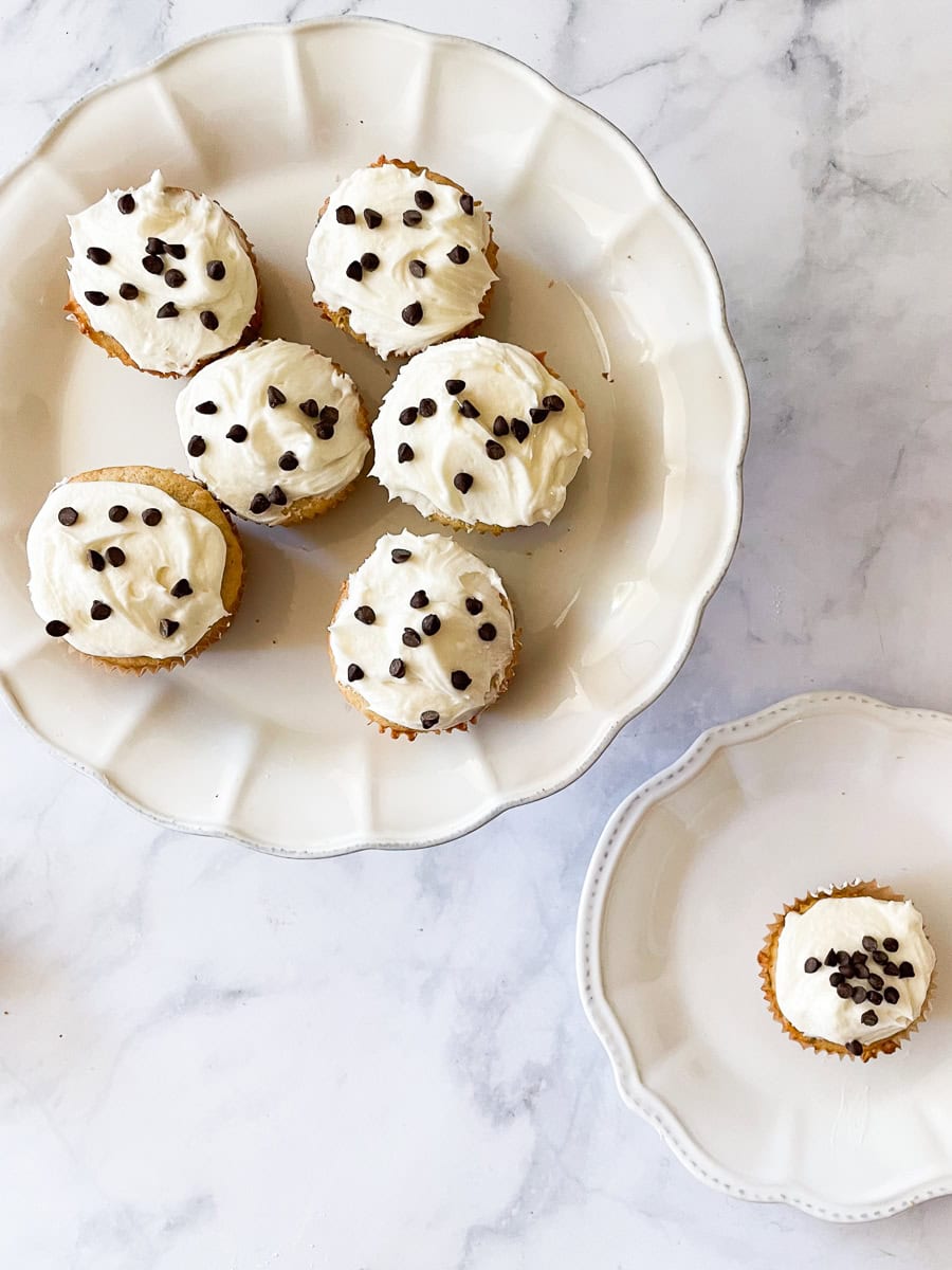 Plates of gluten free chocolate chip cupcakes.