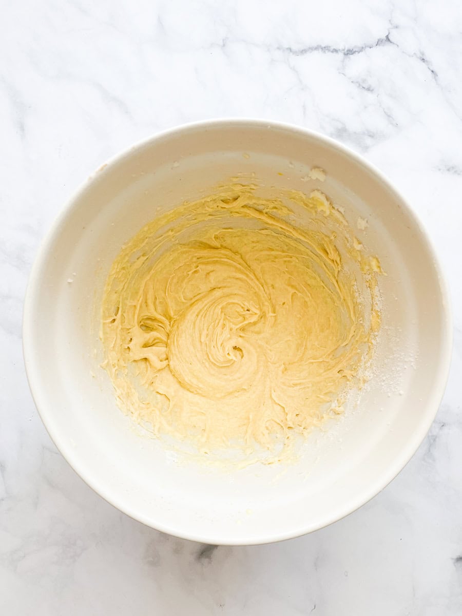 Cupcake batter combined in a bowl.