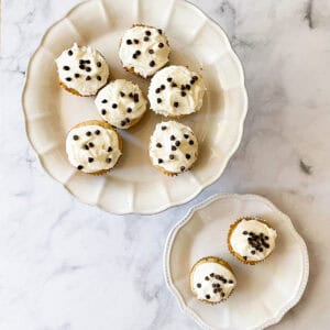 Plates of gluten free chocolate chip cupcakes.