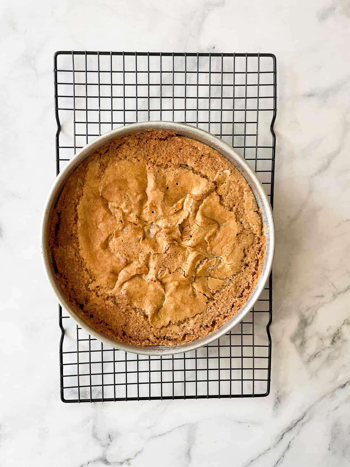 A plum torte in the pan cools on a rack.