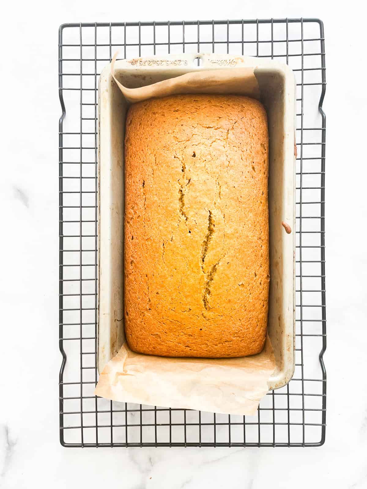 Baked pumpkin bread cools in the pan.