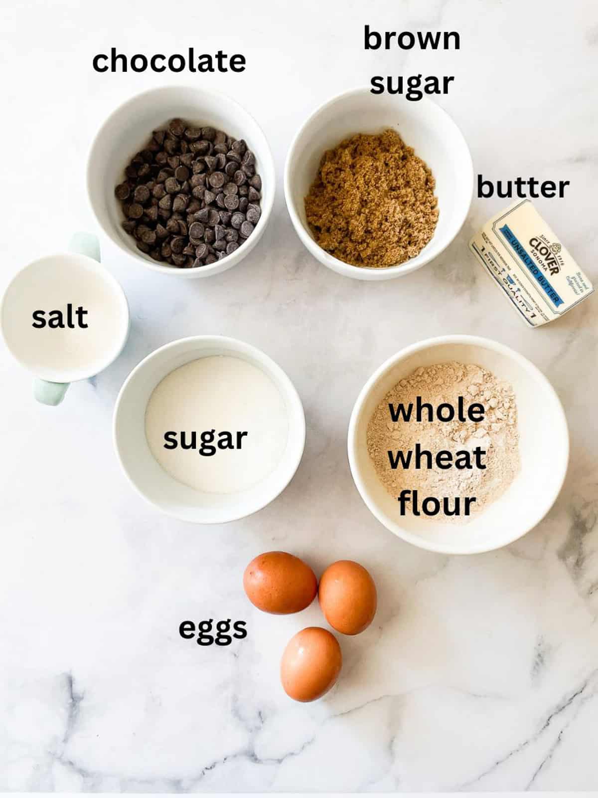 Portioned and labeled ingredients for whole wheat brownies.