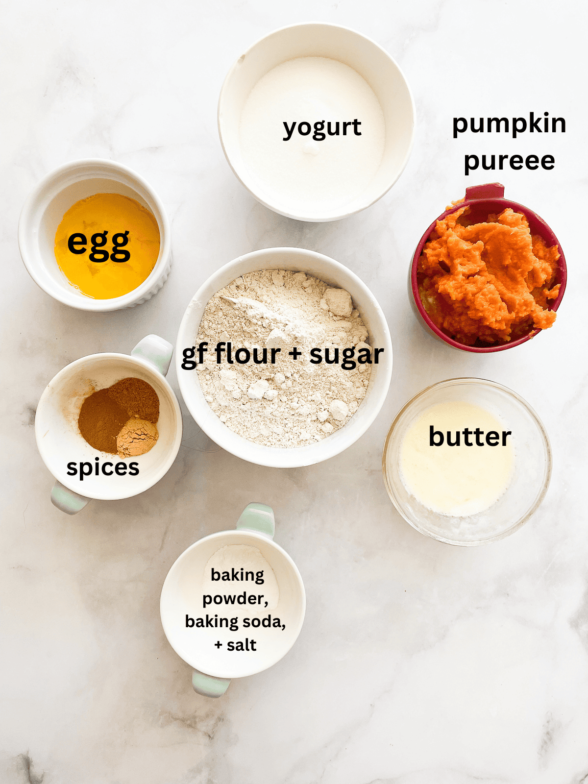 Gluten free mini pumpkin muffins ingredients are text-labeled.