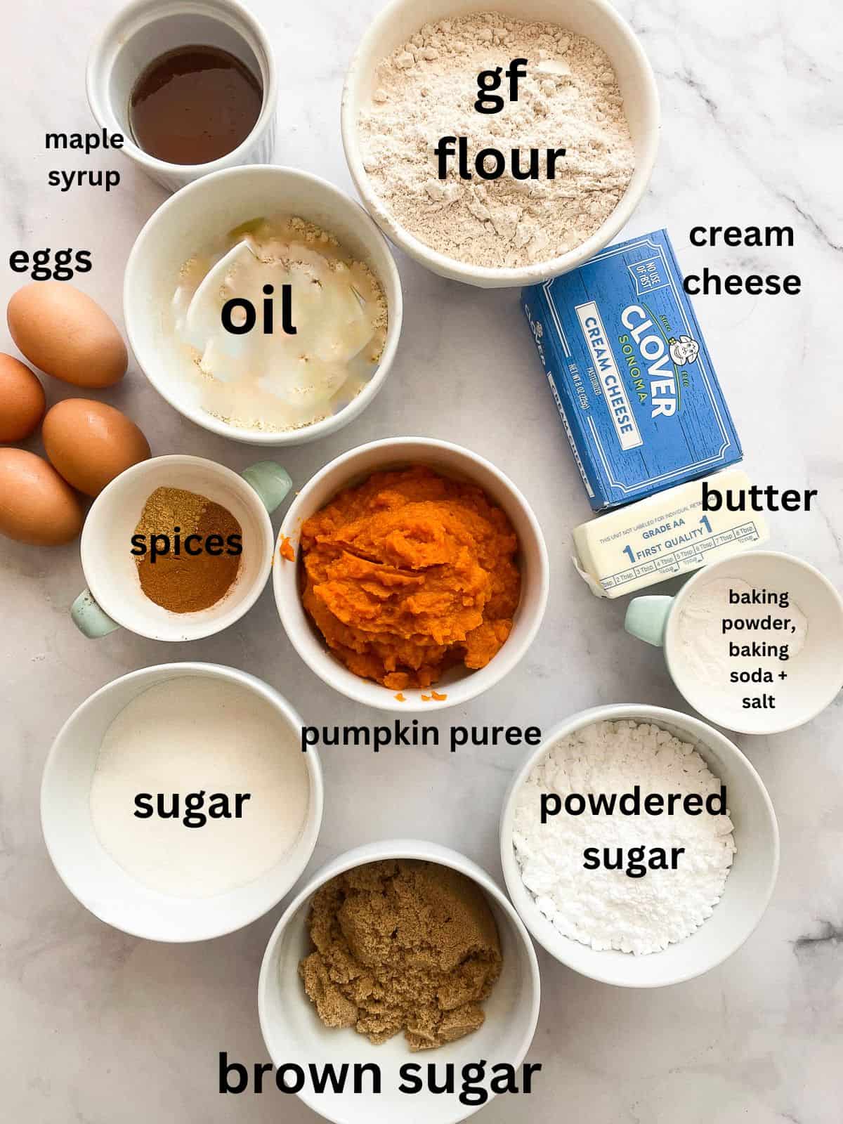 Ingredients for gluten free pumpkin bars including pumpkin puree and maple syrup are text-labeled.